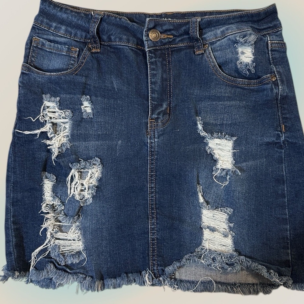 Wax Jeans Stretchy Denim Frayed Hem Destruction Distressed Blue M Sz 8 Skirt